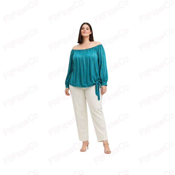 Vince Camuto Tops - Vince Camuto Metallic Striped Off Shoulder Tie Hem Blouse XL Teal